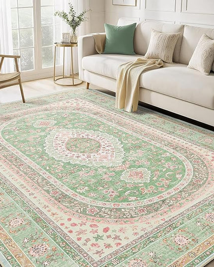 5x7 Area Rugs Washable,Green Rug for Living Room Bedroom Kitchen,Large Boho Vintage Bohemian Distressed Oriental Carpet Non Slip,Sage Blush Floral