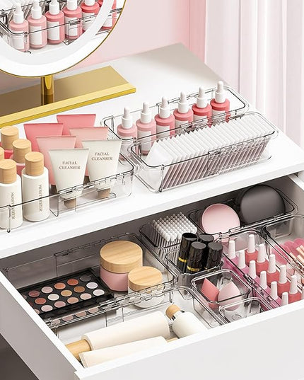 DILIBRA 16 Pcs Clear Extendable Drawer Organizer, Adjustable Drawer Storage 3-Size Desk Drawer Organizer, Plastic Non-Slip Storage Bins for Makeup, Cosmetic, Jewelries, Utensils, Stationery, Dressers