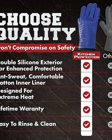 KITCHEN PERFECTION S Silicone Smoker Oven Gloves -Extreme Heat Resistant BBQ Gloves -Handle Hot Food Right on Your Grill Fryer Pit|Waterproof Oven Mitts |Superior Value Set+3 Bonuses
