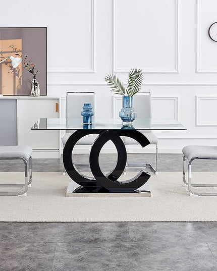 Ebullient Glass Dining Table Set for 4 ，5 Piece Dining Table Set,Tempered Glass Table Top，Modern Dining Room Table with 4 PU Leather Ergonomic Dining Chairs