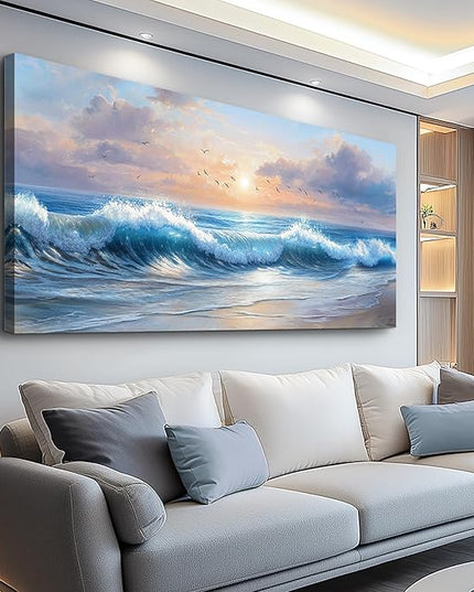 XIGUANGART Large Wall Decor for Living Room Ocean Paintings Canvas Prints Wall Art for Bedroom Blue Modern Minimalist Artwork Beach Sunrise Sea Wave Nature Pictures Office and Bathroom Home Decor