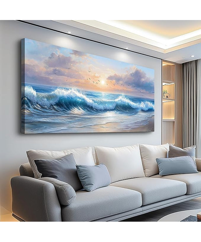 XIGUANGART Large Wall Decor for Living Room Ocean Paintings Canvas Prints Wall Art for Bedroom Blue Modern Minimalist Artwork Beach Sunrise Sea Wave Nature Pictures Office and Bathroom Home Decor