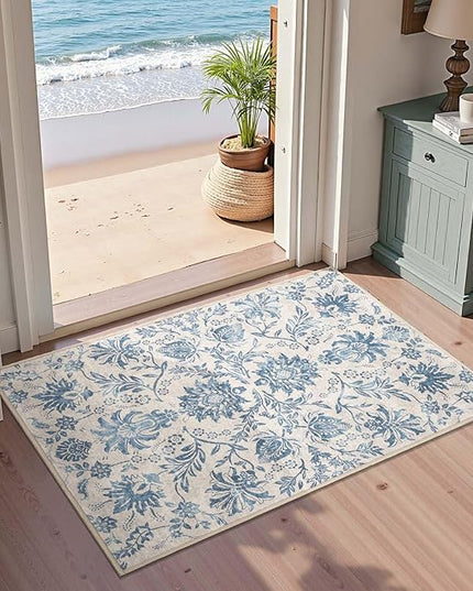 jinchan Torino 2x3 Washable Rugs for Entryway, Vintage-Inspired Floral Design Non-Slip Low-Pile Doormat, Ultra-Thin Indoor Traditional Accent Carpet for Entrance Kitchen Bathroom Bedroom, Dark Blue