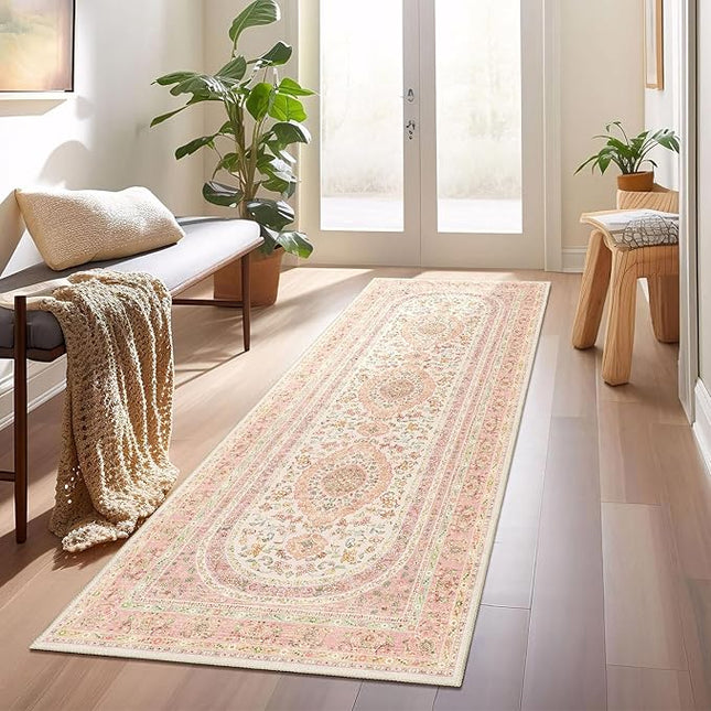 Washable Runner Rug 2x6,Pink Rug Runners Non Slip,Long Boho Rugs for Hallways Kitchen Bedroom Entryway Living Room Bathroom,Vintage Bohemian Distressed Farmhouse Floor Carpet,Blush Floral