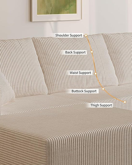 139" Boneless Cloud Sectional Couch for Living Room, Compressed Modular L-Shaped Sofa with Deep Seat, Frameless Corduroy Couch in Boxes, No Assembly Required 4-Seater (Left-Facing Chaise, Beige)