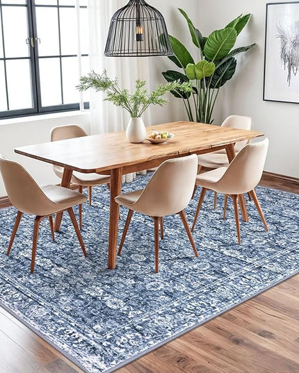 6x9 Area Rug for Living Room, Blue Washable Area Rugs for Bedroom, Soft Vintage Floral Rug with Non-Slip, Non-Shedding Traditional Farmhouse Carpet for Nursery, Dining Room, Office, Playroom