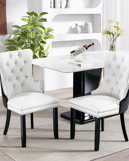 SoarFlash Leather Dining Chairs Set of 2, Tall Back Side Chair, Modern Upholstered Side Chair with Button Back Ring, Solid Wood Legs (Black&White)