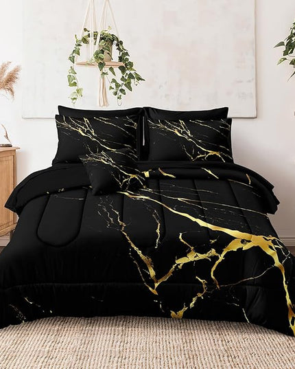Merryword 8 Pcs Bed in a Bag Comforter Set - California King Size Black Gold Marble Bedding Set