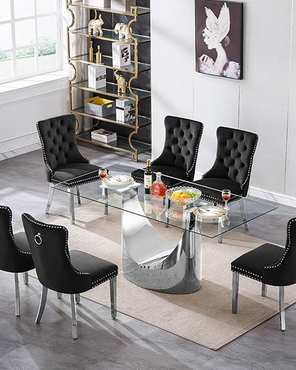 7 Piece Dining Table Set, Modern Glass Dining Table Set for 6 with Velvet Chairs, 70" Luxury Dining Table Chairs Set of 6, Kitchen Dining Room Sets for Dinner Dinette Breakfast Banquet, Black+Silver