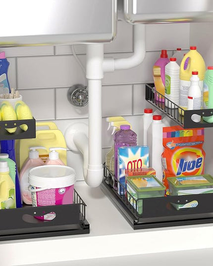 Under Sink Organizer with Pull-Out Drawers,Kitchen Sink Organizer,2 Tier Bathroom Organizers And Storage,Bathroom Accessories Set,Black 2 Pack