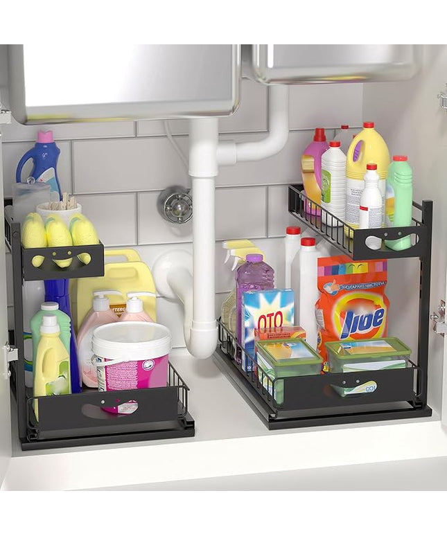 Under Sink Organizer with Pull-Out Drawers,Kitchen Sink Organizer,2 Tier Bathroom Organizers And Storage,Bathroom Accessories Set,Black 2 Pack