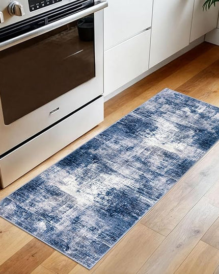 IOHOUZE Abstract Runner Rug 2x5 Ft Washable Runners for Hallways, Non Slip Kitchen Runner Printed Faux Wool Entryway Runner Indoor, Modern Abstract Floor Carpet for Hall Kitchen Bedroom, Navy/Grey