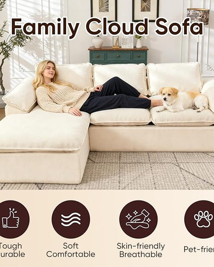 105.6”L Shape Modular Sectional Couch for Living Room, Modern Cloud Sectional 3 Seat Sofa with Oversized Chaise, Woven Texture Upholstery Boneless Couch (Beige, Left Facing Chaise)