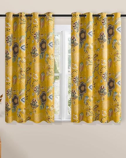 XiDi Mustard Yellow Floral Blackout Curtains Thermal Insulated Noise Reducing Botanical Flower Leaf Printed Curtains Modern Farmhouse Grommet Window Treatment 63 Inch Length 2 Panels Bedroom 52x63