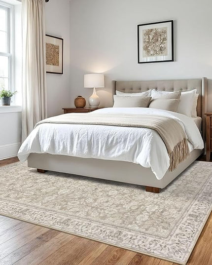 6x9 Area Rug for Bedroom, Cream Beige White Grey Large Washable Area Rug for Living Room, Soft Vintage Rugs with Non-Slip, Non-Shedding Farmhouse Carpet for Nursery, Office, Dining Room