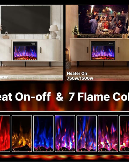 65" Fluted Fireplace TV Stand for TVs Up to 75 inches, Modern Entertainment Center with 23" Electric Fireplace, Wooden Curved TV Console with Sliding Doors for Living Room, White