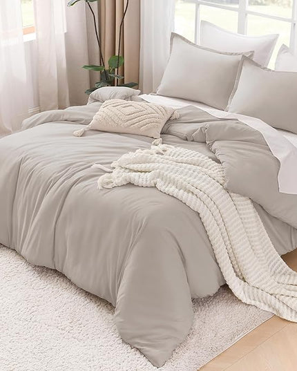 Litanika Linen Grey Comforter Set Queen Size, 3 Pieces Lightweight Solid Bedding Comforter Set, All Season Fluffy Bed Set (90x90In Comforter & 2 Pillowcases)