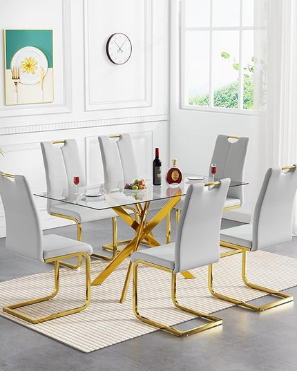 7 Piece Glass Dining Table Set, Glass Kitchen Dining Room Table Set for 6, 61" Modern Rectangular Gold Glass Metal Dining Table with 6 Grey PU Leather Dining Chairs for Kitchen Dining Room