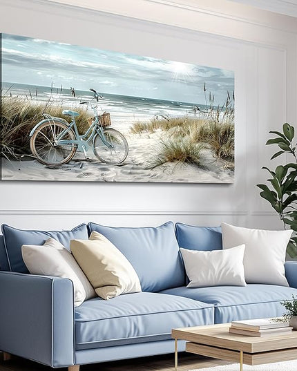 FUHAIHUA Large Wall Decor For Living Room Canvas Wall Art For Bedroom Modern Office Decoration Blue Beach Bicycle Seascape Painting Ocean Landscape Wall Pictures Artwork Home Decor Posters 24"X48"