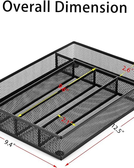JANE EYRE Utensil Drawer Organizer, Cutlery Tray Silverware Flatware Storage Divider for Kitchen, Mesh Wire with Non-slip Foam Feet, 5 Component, Black