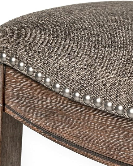 Maven Lane Adrien Backless Bar Stool – Set of 4 – 31 Inch Saddle Seat with Footrest – Brown Solid Wood Frame & Grey Fabric Upholstery – Ideal for Bars, Pub Tables & Tall Kitchen Counters