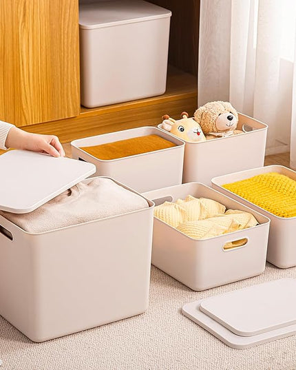 Plastic Storage Bins with lids,Storage Baskets,Container with handle,Storage Organizer Bins for Shelves,Office,Bedrooms,Closets, Cabinets(Grey，4XL)