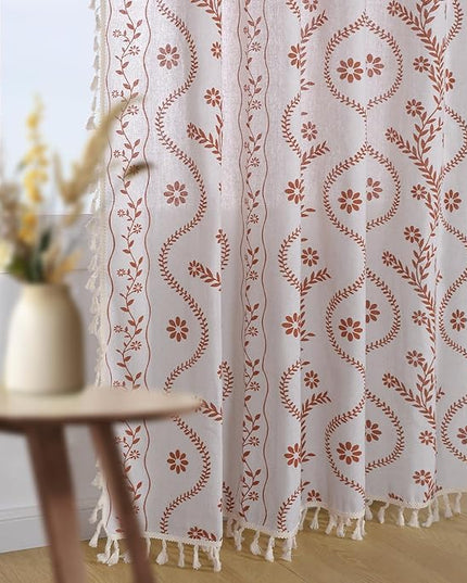 Boho Curtains 96 Inch Length Linen Curtains for Living Room, Vintage Farmhouse Printed Floral Curtain Rustic Curtain Drapes Terracotta & Lvory