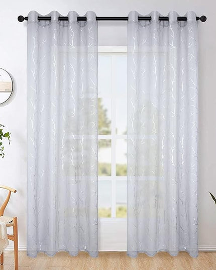 BUHUA Silver Grey Curtains 95 Inches Long for Living Room, Metallic Silver Foil Tree Branch Silver Curtain Panels, Grommet Privacy Semi Sheer Curtains, 52 x 95 Inch, 2 Panels