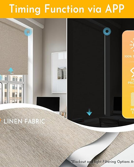 Persilux Smart Motorized Blinds with Remote, No Drill Automatic Roller Shades for Indoor Windows, Blackout Linen Fabric, Electric Blinds for Windows, Linen Light Brown C156BO-3, Custom Size