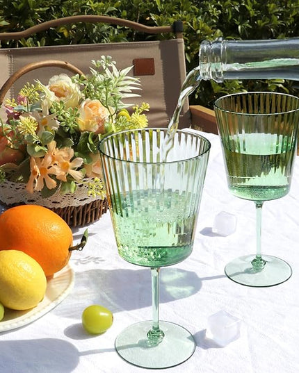 12 PCS Green Plastic Wine Glasses with Removable Stems 13.5 Oz Ribbed Wine Glasses Square White Wine Glass Muted Pastel Colors Goblets Elegant Fluted Glassware for Wedding Anniversary Birthday
