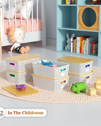 Plastic Storage Baskets With Bamboo Lid - Plastic Storage Containers Stackable Storage bins: Storage Baskets for Organizing Shelves Drawers Desktop Closet Playroom Classroom Office, 6 Pack