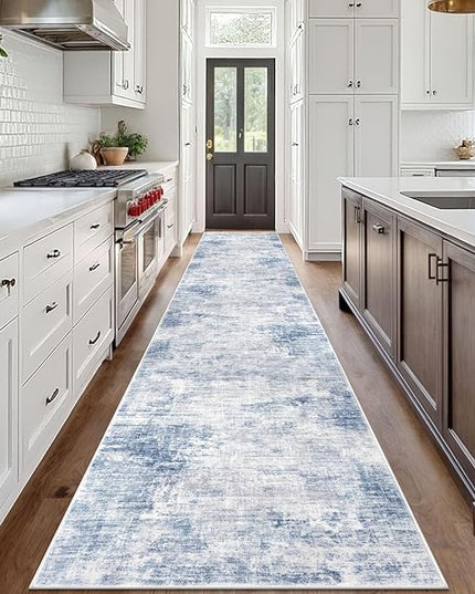 IOHOUZE Abstract Runner Rug 3x18 Ft Washable Runners for Hallways, Non Slip Kitchen Runner Printed Faux Wool Entryway Runner Indoor, Modern Abstract Floor Carpet for Hall Stair, Light Blue White