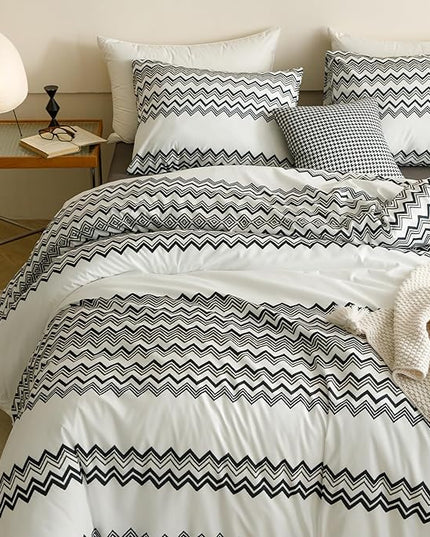 Houseri Black and White Boho Comforter Set Queen Black Wave Farmhouse Bedding Sets Queen Size Women Men Artistic Stripes Geometric Bed Set Soft Comfy Lightweight Quilt Blanket Queen