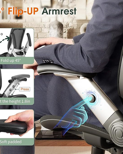 GABRYLLY Ergonomic Office Chair, High Back Home Desk Chair with Headrest, Flip-Up Arms, 90-120° Tilt Lock and Wide Cushion, Big and Tall Mesh Chairs for Man Woman, Black Task Chair