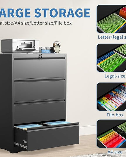 File Cabinets 4 Drawer,Metal Office Storage Filing Cabinet with Lock,Black Lateral Filing Cabinet for Home Office,Horizontal Locking File Cabinet for Legal/Letter/A4 Files,Assembly Required