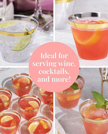 Prestee 100-Pack 9oz Gold Rimmed Plastic Cups Disposable Wine Glasses for Charcuterie, Weddings, Parties, and Events - Elegant Cocktail and Drinking Cups for Champagne, Martini, and Mocktails