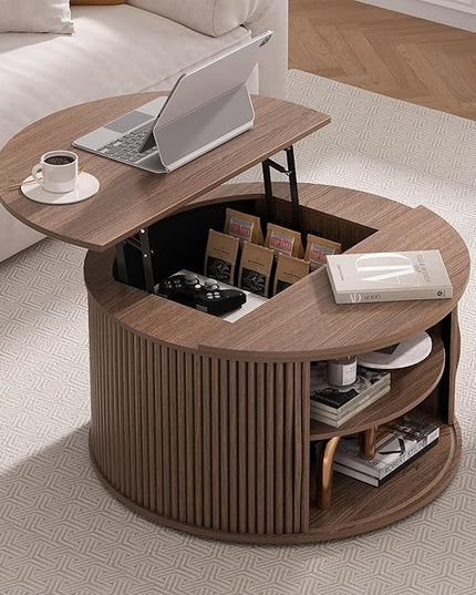 Round Coffee Table with Storage, 31.5" Drum Coffee Table with Lifting Top, Small Fluted Accent Center Table for Living Room, Walnut