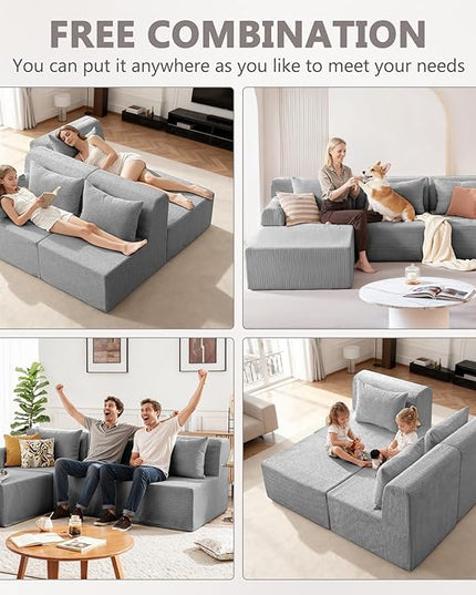 93" Sectional Couches for Living Room, Modular Sectional Sofa, Cloud Couch with L-Shape Chaise, Boneless Couches, Comfy Corduroy Fluffy Couch with Deep Seat, No Assembly Required, Grey