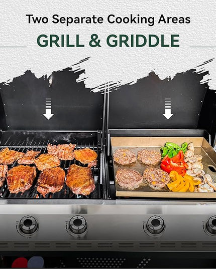 5 Burner Griddle Grill Combo, 2 in 1 Propane Gas BBQ Grill with Porcelain-Enameled Cast Iron Grates & Pan, Outdoor Flat Top Griddle, 695 Sq. In. Propane Barbecue Grill for Patio Backyard Balcony
