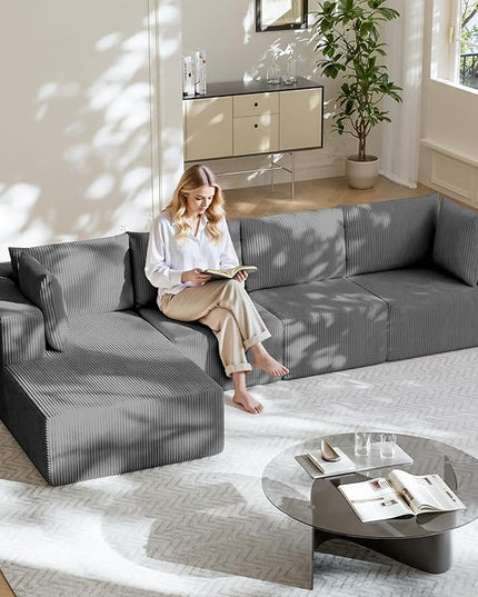 138" Boneless Couches for Living Room, Modular Cloud Couch Sofa - 4 Pieces L Shap Corduroy Sectional Sofa, Fluffy Memory Foam Sleeper Sofa Furniture, No Assembly, Wide Armrest, Grey