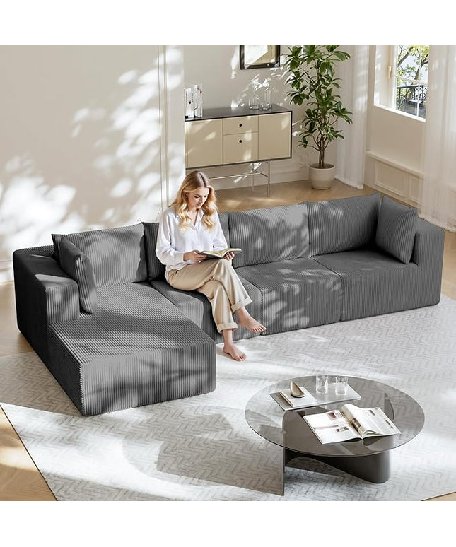 138" Boneless Couches for Living Room, Modular Cloud Couch Sofa - 4 Pieces L Shap Corduroy Sectional Sofa, Fluffy Memory Foam Sleeper Sofa Furniture, No Assembly, Wide Armrest, Grey