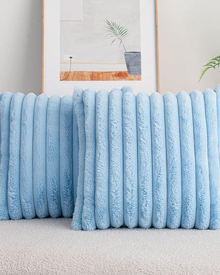 DEELAND Pack of 2,Double-Sided Faux Fur Plush Decorative Throw Pillow Covers Fuzzy Striped Soft Pillowcase Cushion Covers for Sofa Couch Bedroom Lightblue 18x18 inch