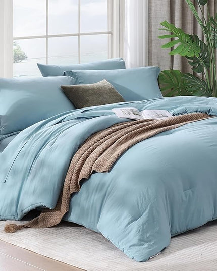 WRENSONG Full Size Comforter Sets- 7 Pieces Soft Blue Bed in a Bag with Fitted Sheet, Flat Sheet, 2 Pillow Shams, 2 Pillowcases, Warm Bedding Sets for All Season