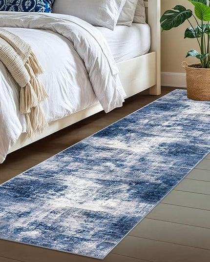 IOHOUZE Abstract Runner Rug 2x7 Ft Washable Runners for Hallways, Non Slip Kitchen Runner Printed Faux Wool Entryway Runners Indoor, Modern Abstract Floor Carpet for Hall Kitchen Bedroom, Navy/Grey