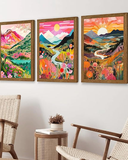 DUWQU 3 piece Colorful Watercolor Mountain Canvas Wall Art Boho Floral Painting Picture Wall Decor Abstract Nature Landscape Poster Print Artwork for Living Room Bedroom Office 12x16 Inch Wood Frames