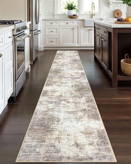 IOHOUZE Abstract Runner Rug 2x12 Ft Washable Runners for Hallways, Non Slip Kitchen Runner Printed Faux Wool Entryway Runner Indoor, Modern Abstract Floor Carpet for Hall Kitchen, Beige Brown