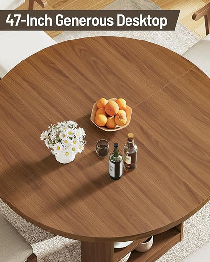59'' Extendable Dining Table for 4-8, Round Kitchen Room Table with 3-Tier Storage Racks, Adjustable Shelves, Wooden Pedestal Base, for Kitchen, Dinner, Living Room, Office, Walnut