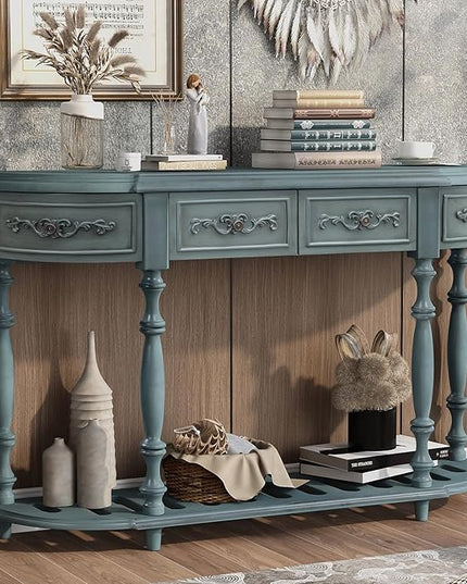 HMFULE Retro Curved Console Table, 52" Solid Wood Half Moon Console Table Sofa Table with 4 Drawers 1 Open Shelf for Living Room,Entryway,Hallway,Antique Blue