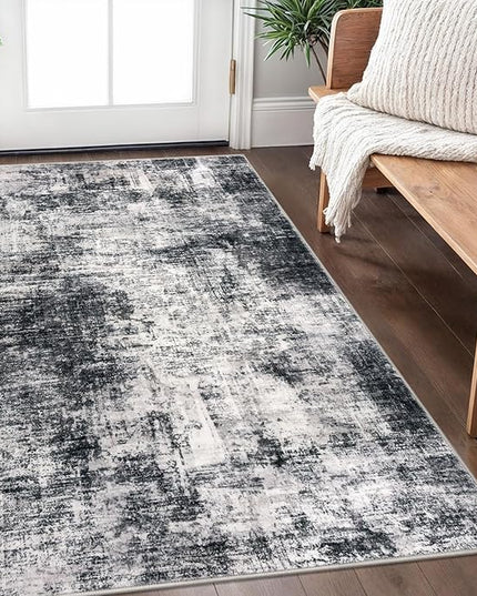 IOHOUZE Abstract Area Rug 3x5 Ft Washable Rugs for Entryway Indoor, Non Slip Kitchen Rug Printed Faux Wool Throw Rugs, Indoor Door Mat for Door Entrance Foyer Living Room, Black Grey