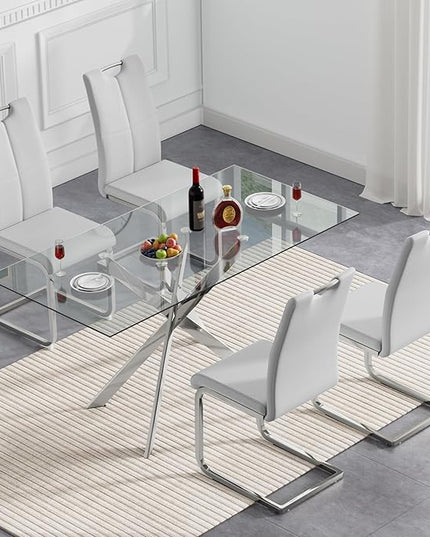 HomVent 5 Pieces Rectangular Glass Dining Table Table Set, Glass Kitchen Table Set for 4 with 4 PU Dining Chairs for Kitchen Dining Room